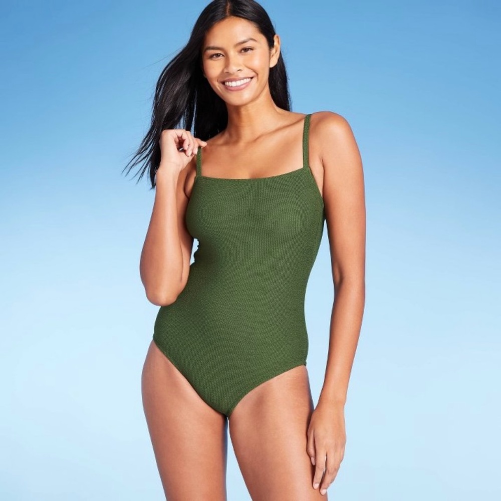 Kona Sol Women’s Textured Square Neck High Coverage One Piece Swimsuit